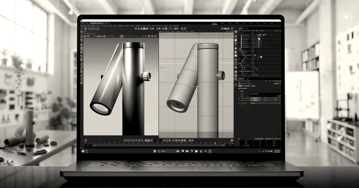 A laptop computer displaying 3D design software, set against a workshop background.