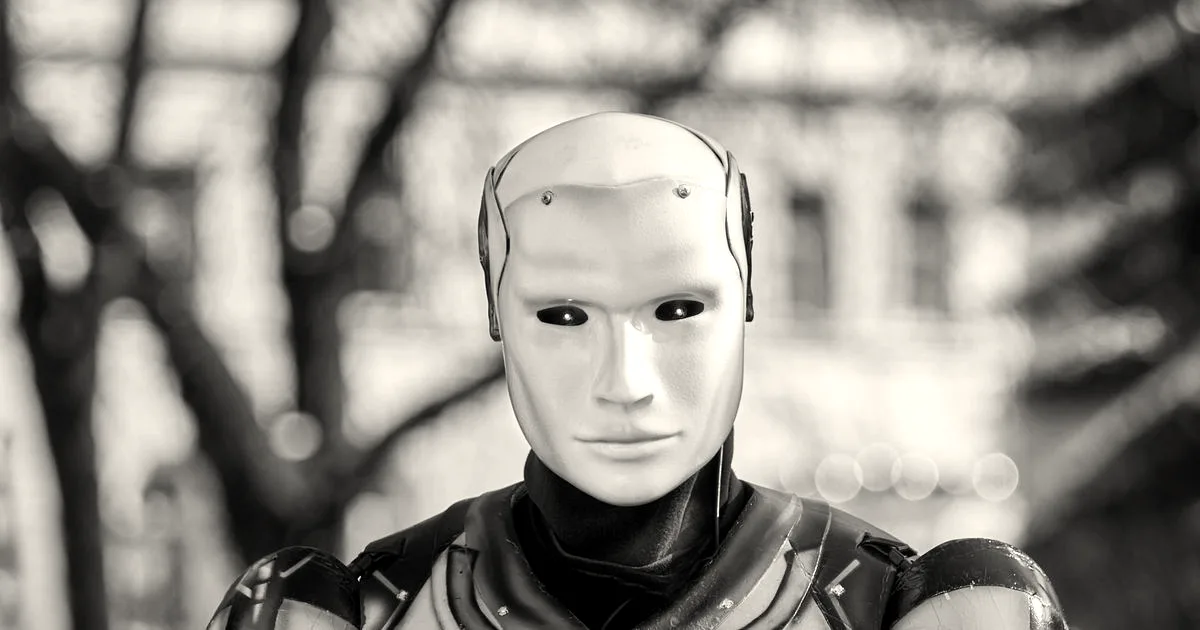 Close-up portrait of an advanced humanoid robot with glowing blue eyes outdoors.