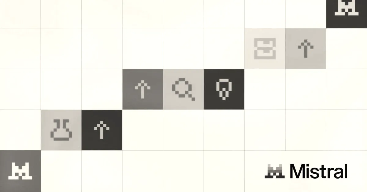 Pixel art progression on a grid leading upwards toward the Mistral logo.