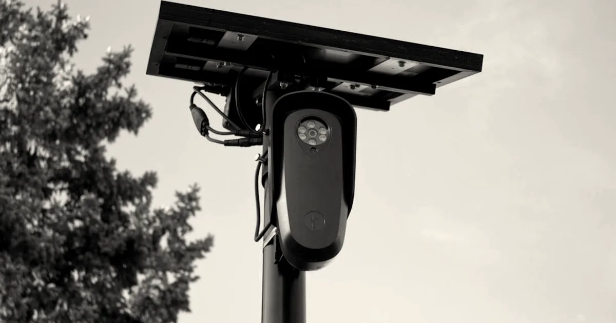 An automated license plate recognition camera with a solar panel mounted on a pole against a blue sky