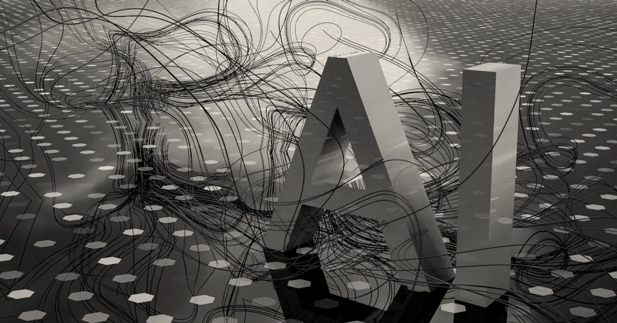 3D letters spelling AI surrounded by digital wires and glowing hexagons on a blue surface