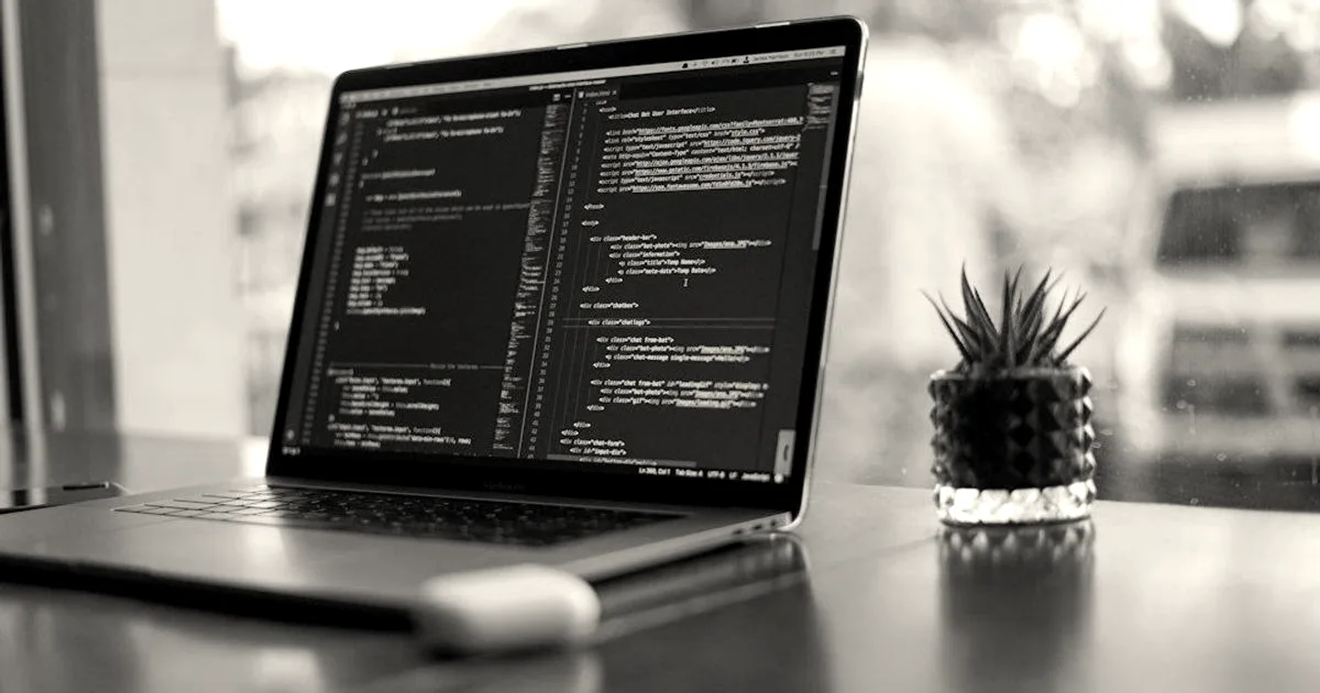 Laptop with code and plant in coffee shop