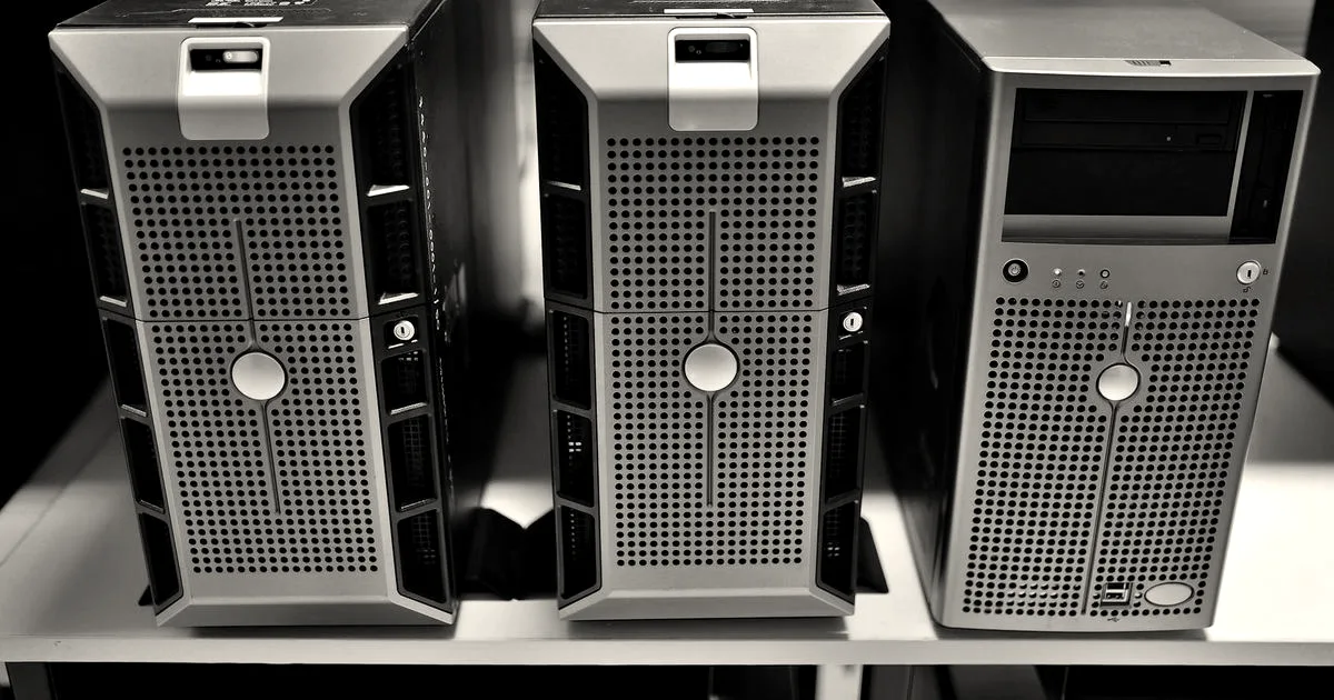 Close-up view of modern rack-mounted server units in a data center.