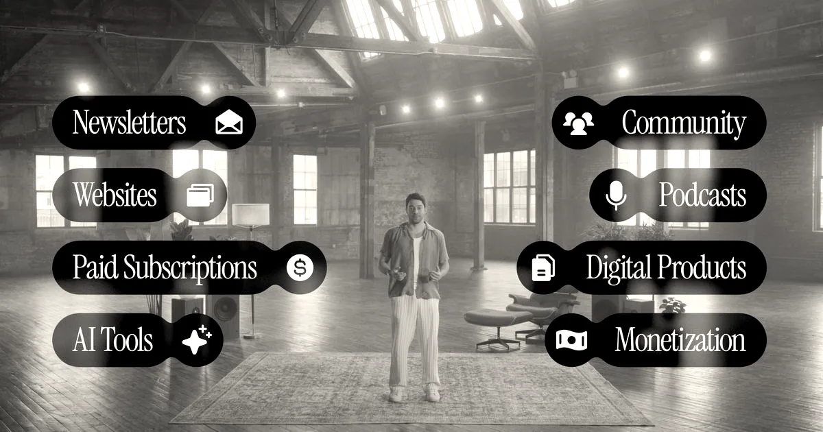 A man standing in a large rustic room with floating feature badges for newsletters, podcasts, and digital products.