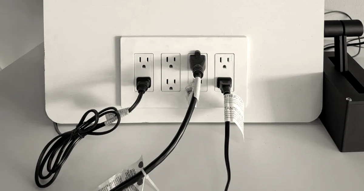 An electrical panel device branded Noble Carbon with wiring, breakers, and standard wall outlets beneath.