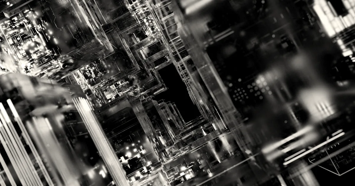 Stunning abstract view of futuristic digital circuitry with glowing effects.