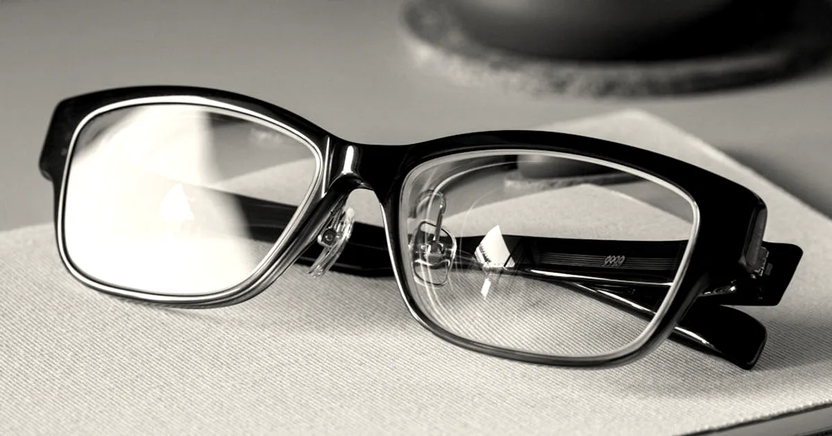 A close-up shot of black-rimmed glasses resting on top of an open book on a desk