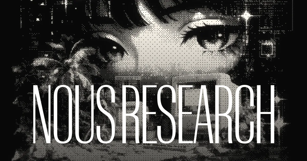 Blue pixelated graphic featuring anime eyes, retro computer, and the text Nous Research.
