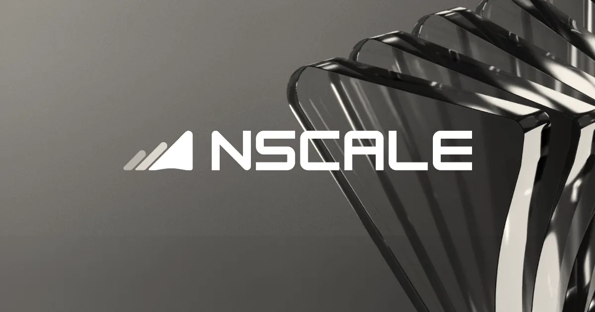 The Nscale logo in white against a blue gradient background with abstract geometric shapes.
