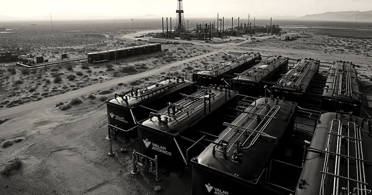 Aerial view of Valar Atomics site with tanks and industrial equipment in the desert landscape.