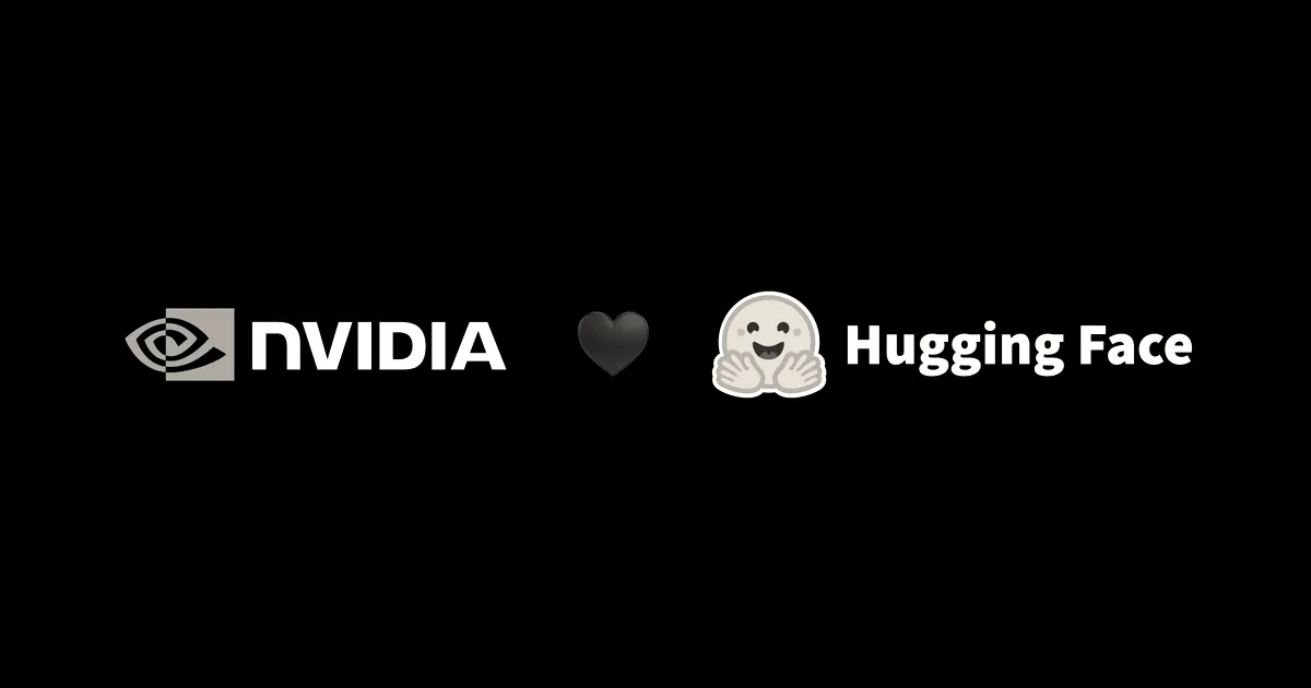 Nvidia logo next to a red heart and the Hugging Face emoji logo on a black background