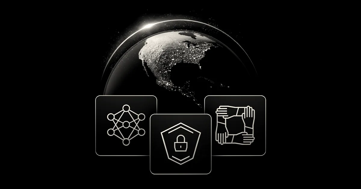 Digital globe illuminated with city lights above three icons representing neural networks, security, and partnership.