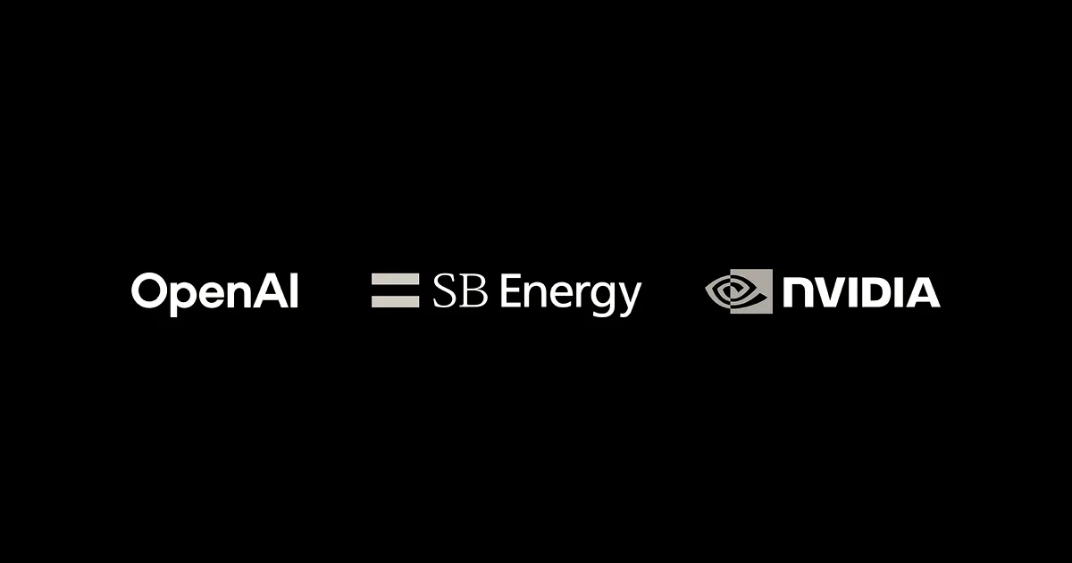 Logos of OpenAI, SB Energy, and Nvidia aligned horizontally against a solid black background.