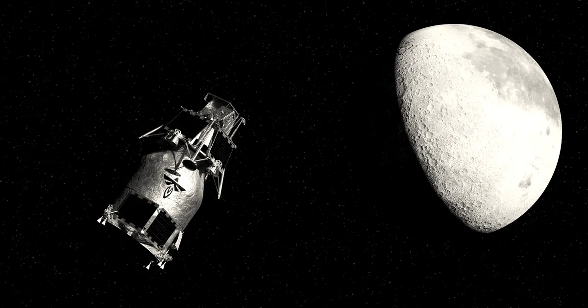 A gold-colored spacecraft flying through space with a partial moon visible in the background.