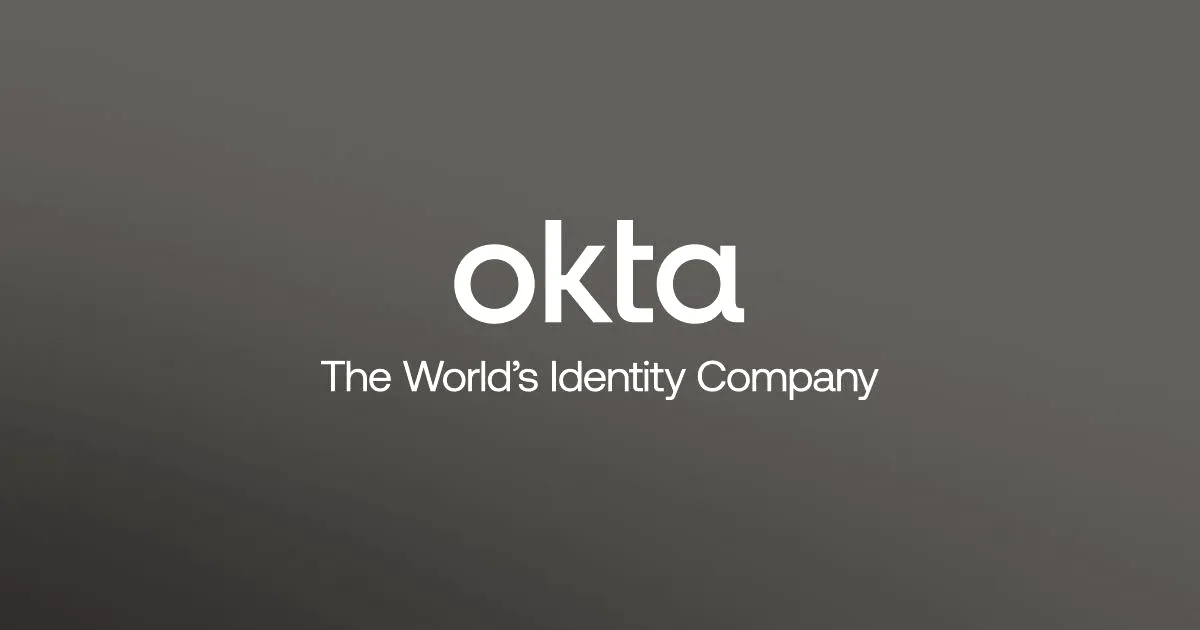 The Okta wordmark logo against a blue gradient background with the text The World's Identity Company below.