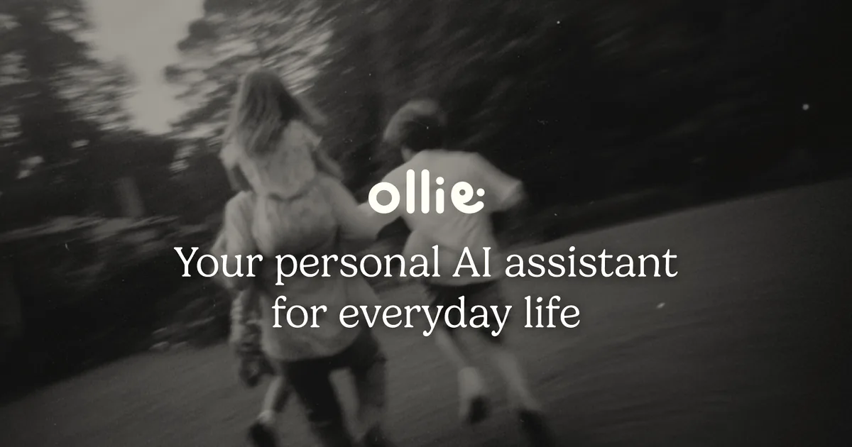 People running across a grassy field under the Ollie logo and text reading your personal AI assistant.