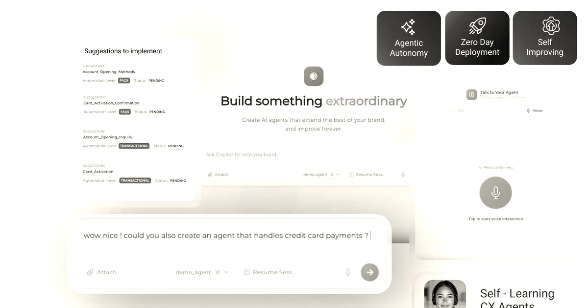 Graphic showing AI agent UI interface cards and features for Omilia customer support platform