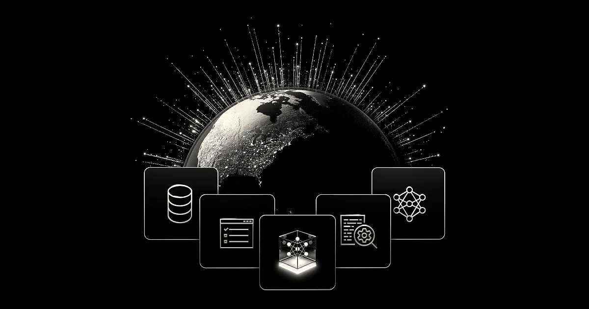 Digital illustration of Earth with glowing network rays and icon blocks representing data, neural networks, and AI computing.