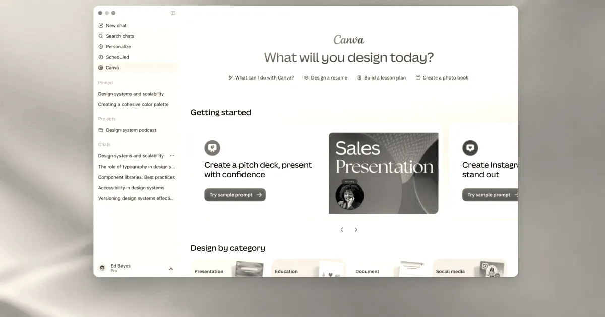 A desktop application window showing Canva's design interface and templates alongside a sidebar menu.