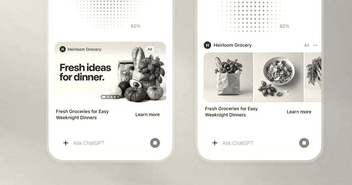 Mockup of ChatGPT mobile app displaying sponsored visual grocery advertisements alongside chat results.