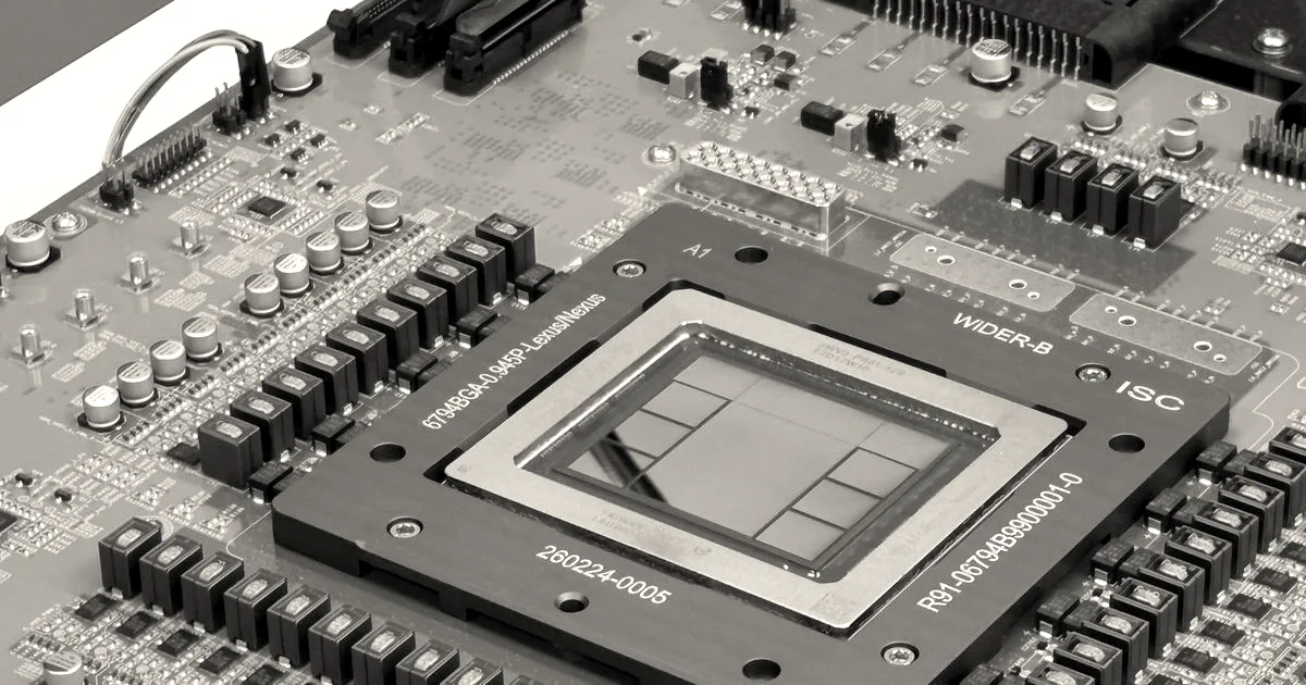 Close-up of a circuit board featuring OpenAI's Jalapeño AI inference processor inside a test socket.