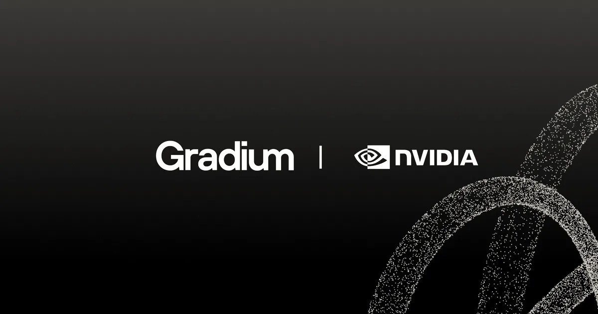 Gradium and Nvidia logos side by side against a dark blue background with abstract particles.