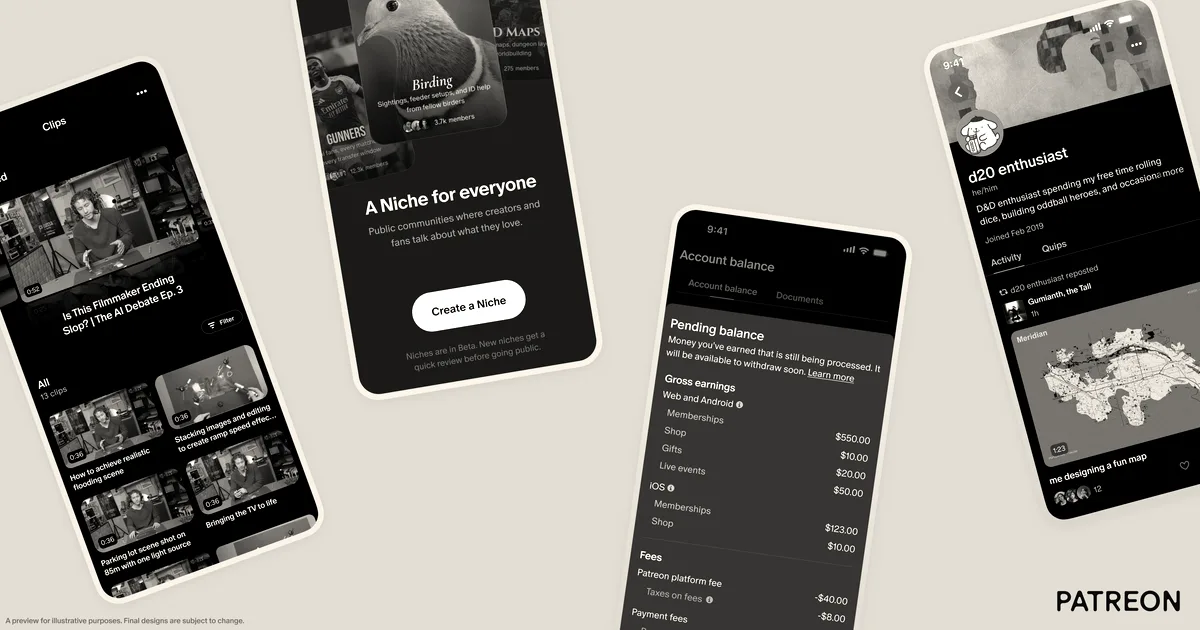 Screenshots of Patreon's mobile app displaying new creator tools and community features on a purple backdrop.
