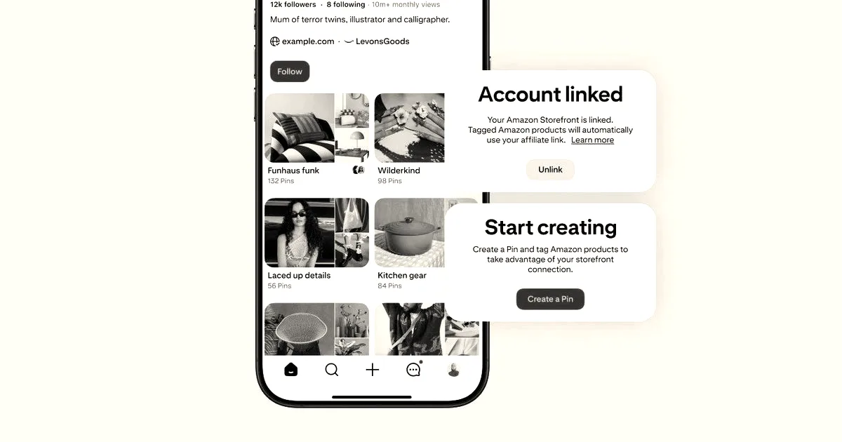 Phone screen showing Pinterest profile with 'Account linked' popup confirming Amazon Storefront connection