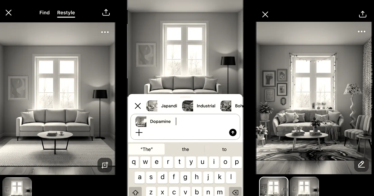 Three smartphone screens demonstrating Pinterest's Restyle feature redesigning a living room interior with AI prompts.