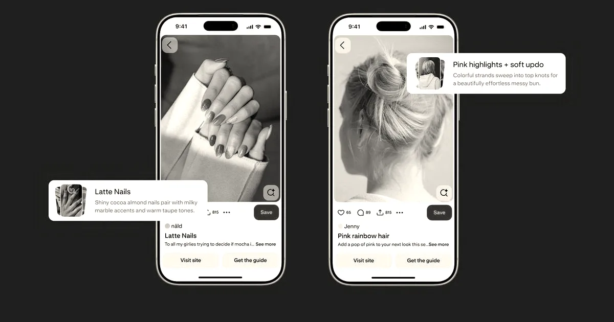 Two smartphones displaying Pinterest beauty guide features for nail art and colorful hairstyles side by side.