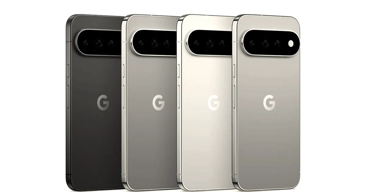 Four Google Pixel smartphones shown side by side in black, green, silver, and coral colors.
