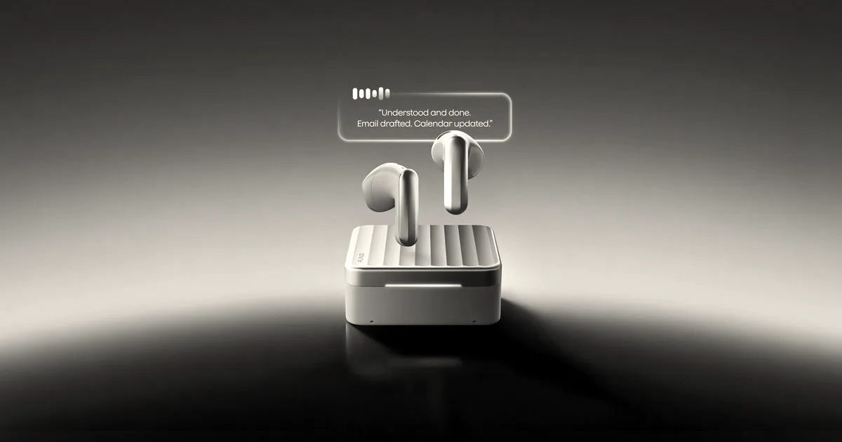 Plaud One wireless earbuds floating above their charging case with simulated audio waveform and voice prompt bubble