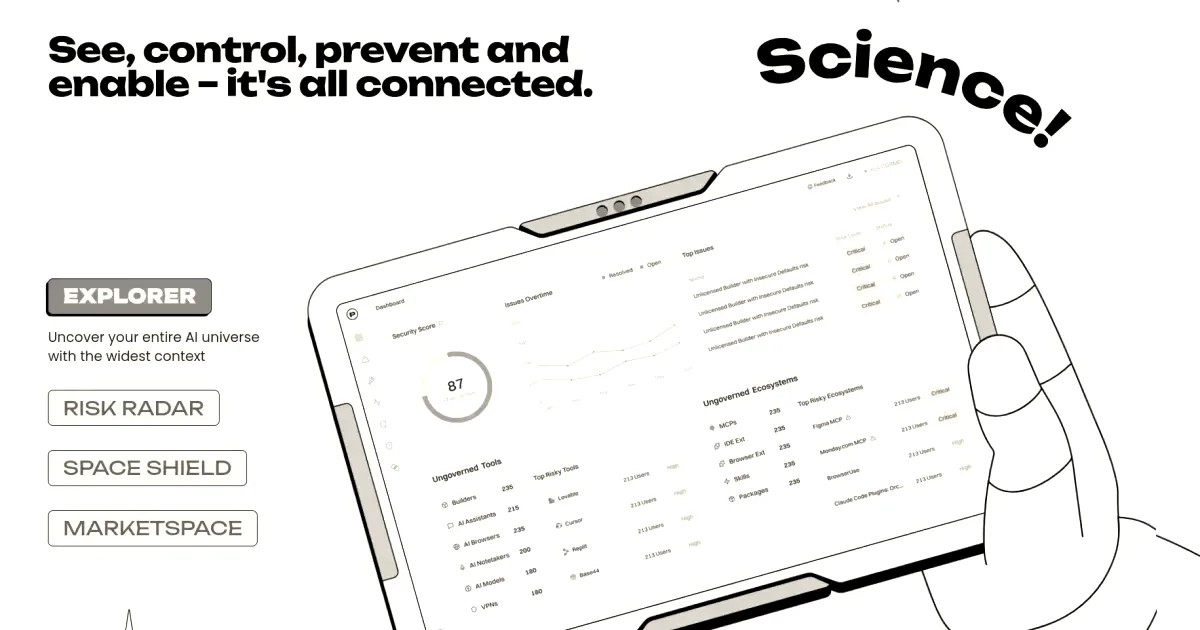 An illustrated astronaut hand holding a tablet displaying an AI security and governance dashboard interface.