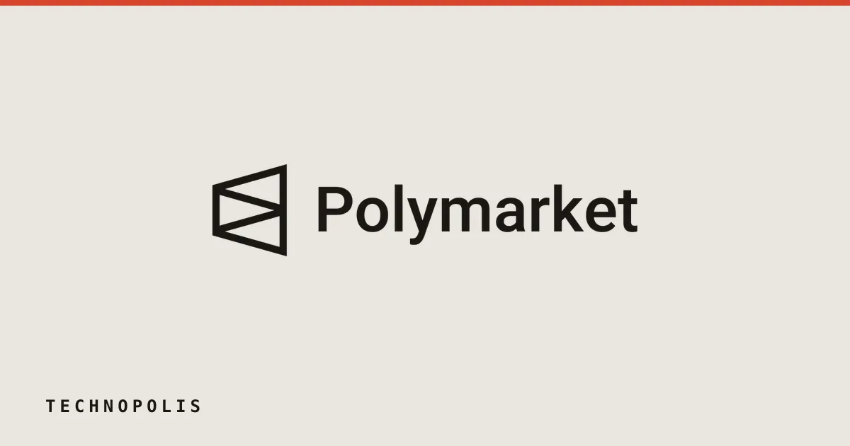 Polymarket corporate logo featuring a geometric white shape and text on a bright blue background