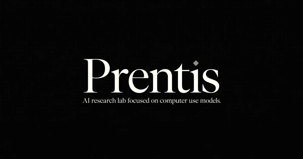 Dark background with the text 'Prentis' in an elegant serif font and 'AI research lab focused on computer use models.' below.