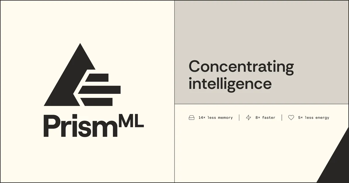 PrismML company graphic displaying logo, tagline Concentrating intelligence, and efficiency metrics.
