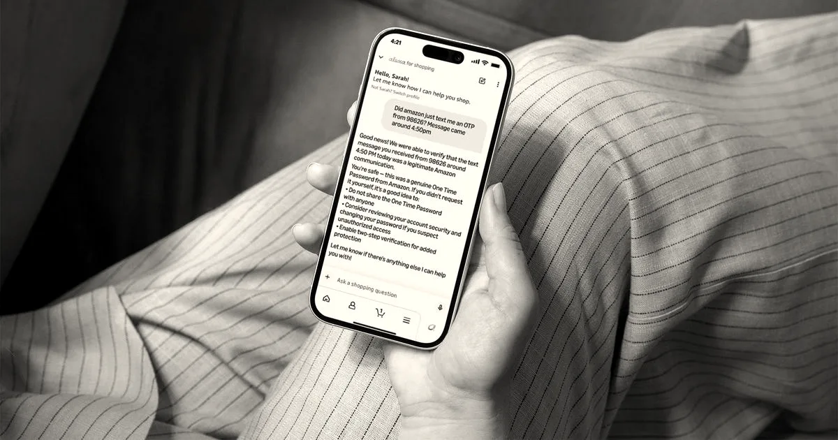 A person holding a smartphone showing an Amazon shopping assistant chat verifying a one-time password message.