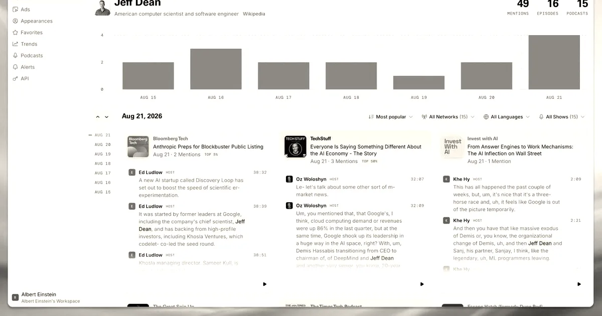 Screenshot of the Radar interface showing search results, podcast episode mentions, and audio transcripts for Jeff Dean.