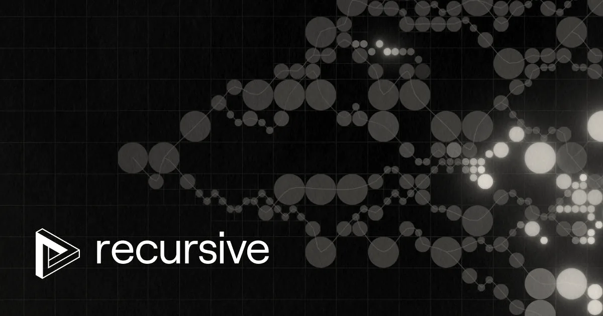 Recursive company logo on a dark background filled with interconnected glowing node networks.