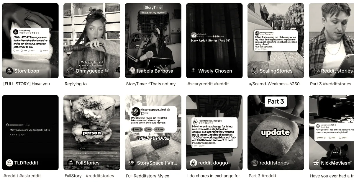 A collage of mobile vertical video screenshots featuring Reddit story narration posts.