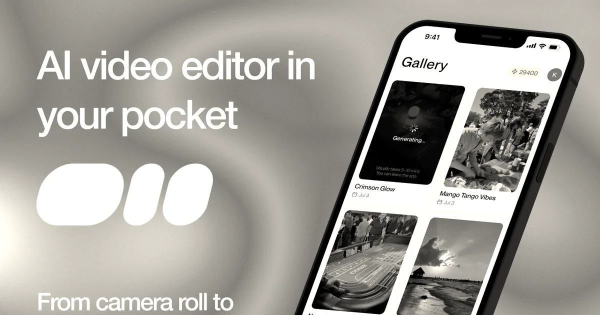 A smartphone displaying a video editing gallery app next to text reading AI video editor in your pocket.