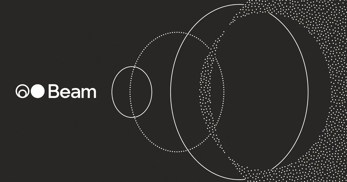 Graphic with concentric dotted and solid circles on a dark green background with the Beam logo.