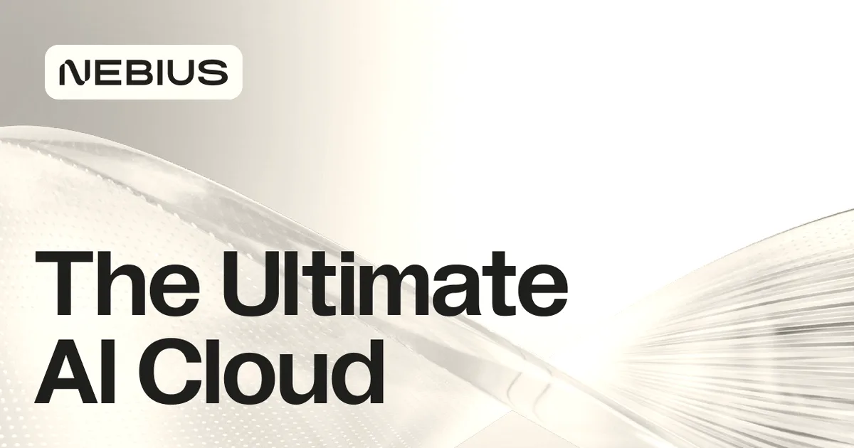 Nebius logo and text reading The Ultimate AI Cloud with lime green abstract wave graphics.