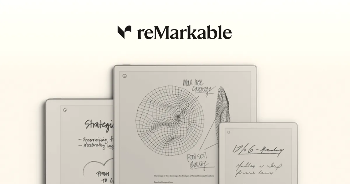 The reMarkable brand logo alongside three paper tablet devices displaying notes and sketches.