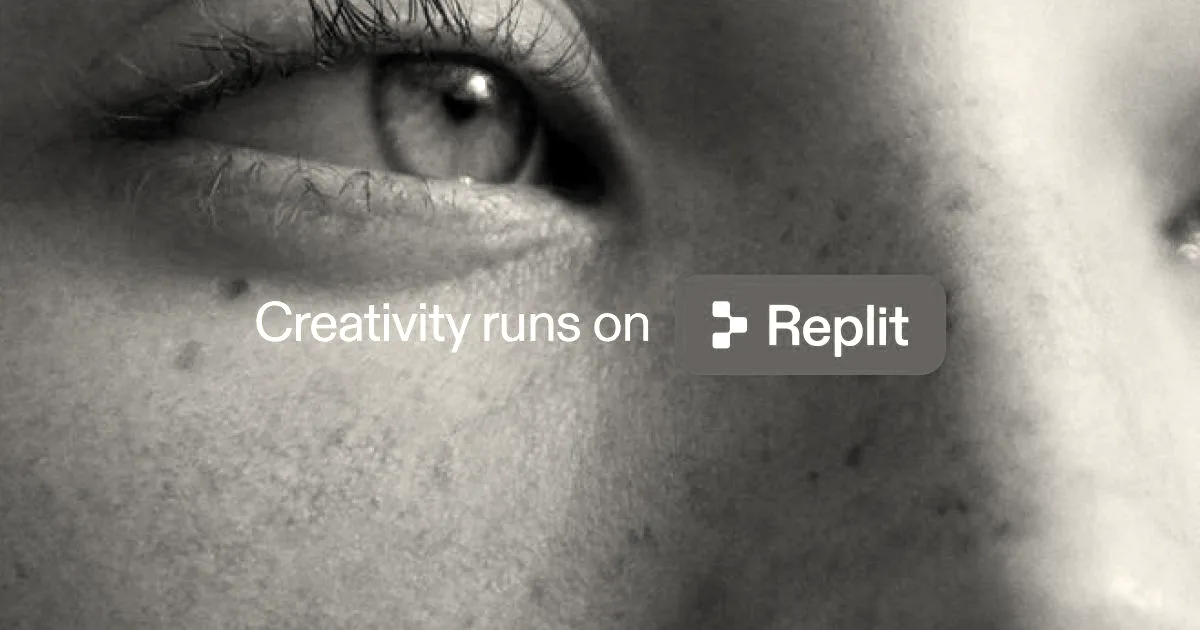Close-up of a person's eye and face with the text 'Creativity runs on Replit' and logo.