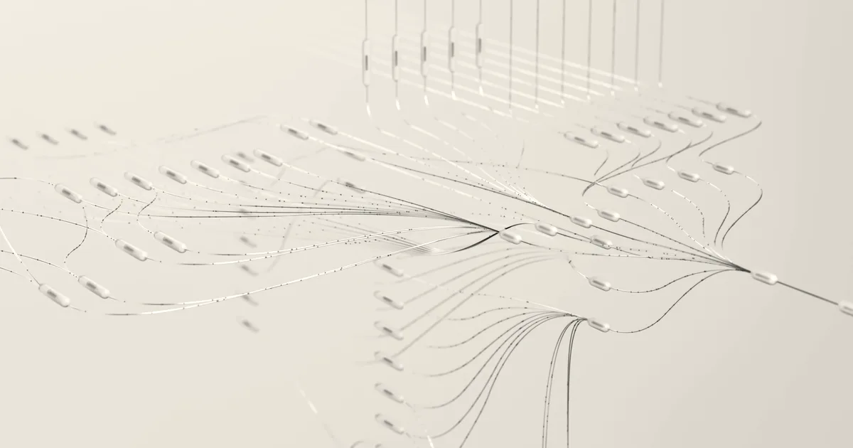 Minimalist 3D visualization showing interconnected neural network pathways and nodes on a light background