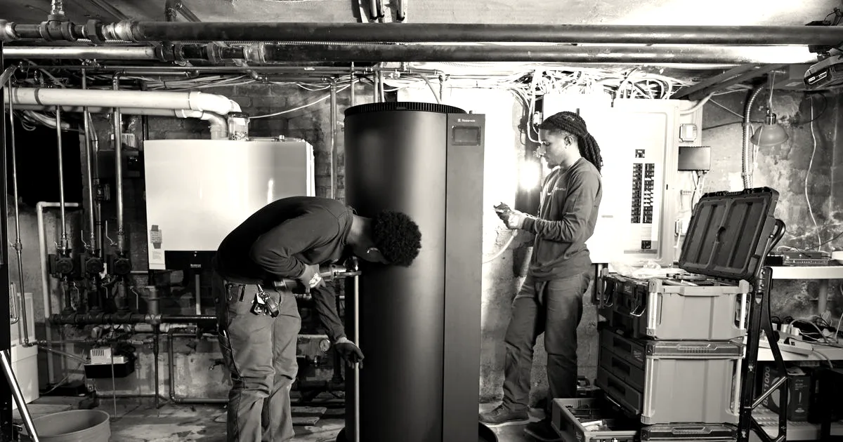 Two technicians install a modern cylindrical black water heater in a residential basement.