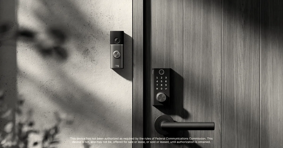 A Ring video doorbell and a new Ring smart lock installed on a wooden front door.