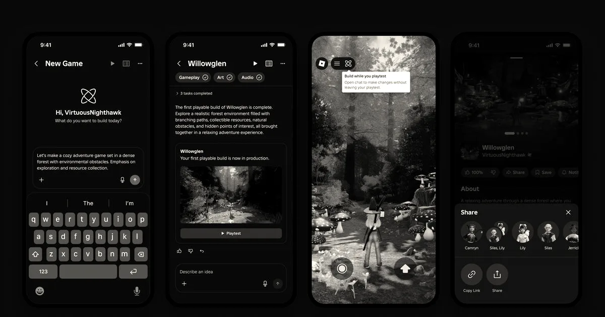 Four smartphone screens showing the interface for creating and playing AI-generated Roblox games on mobile.