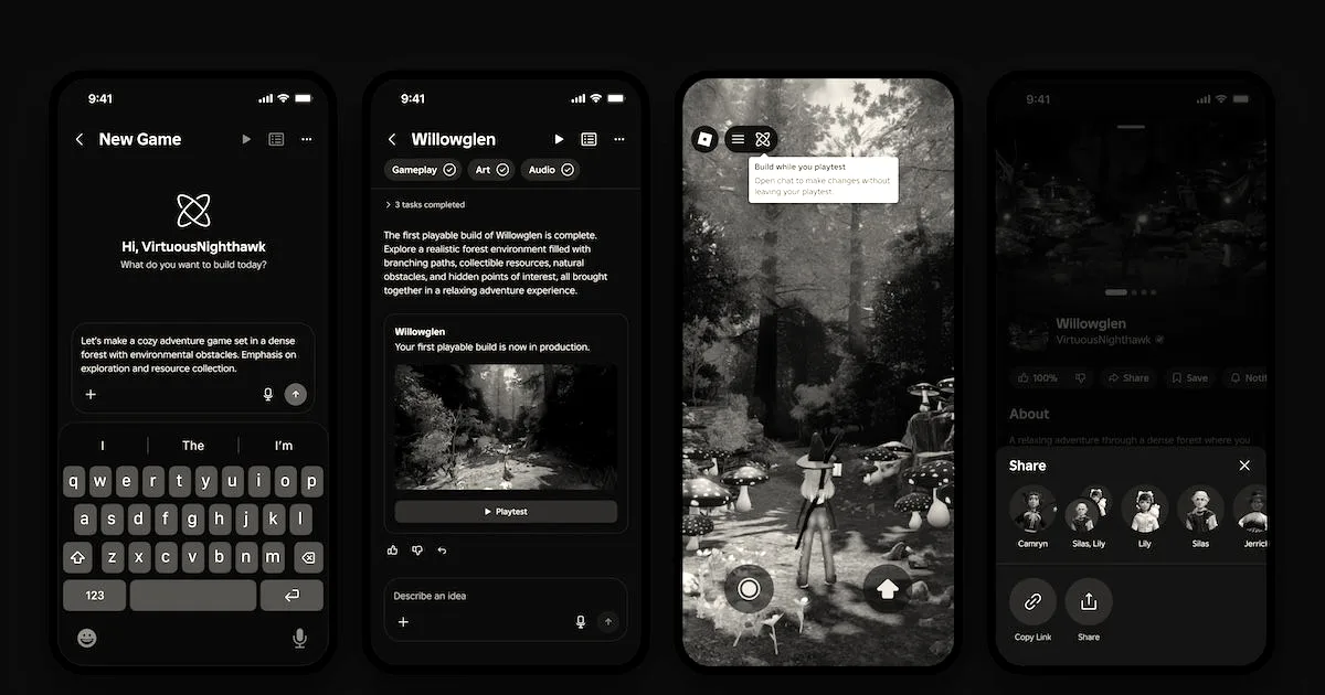 Four smartphone screens showing the interface and creation workflow for Roblox's mobile AI game creation feature.
